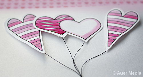 Askarteluohjeita ystävänpäiväksi - Nippu sydänilmapalloja kortissa